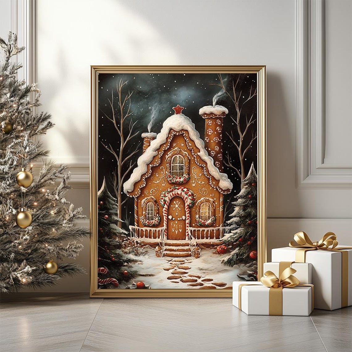 Gingerbread House Christmas Poster With Snowy Night Cookie Cottage