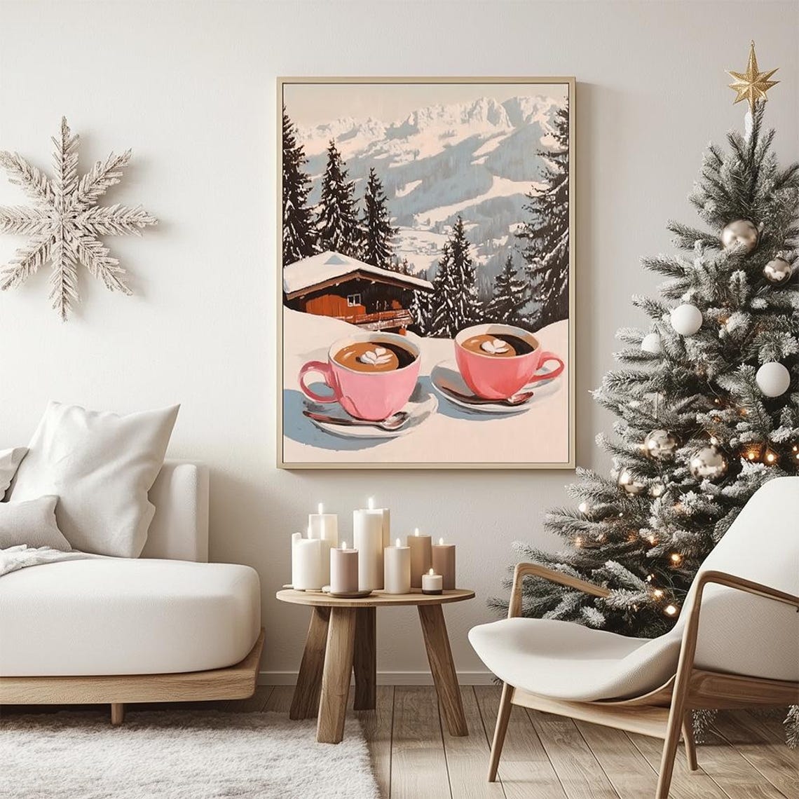 Winter Mountain Cabin Coffee Cups Vintage Holiday Scenic Art Poster - Image 3