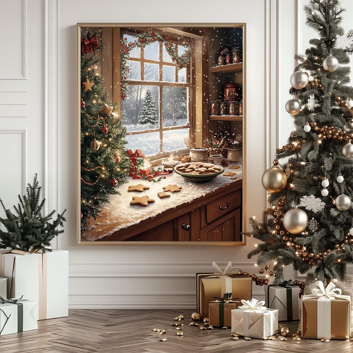Cozy Christmas Baking Scene Rustic Kitchen Cookies Window Poster - Image 2