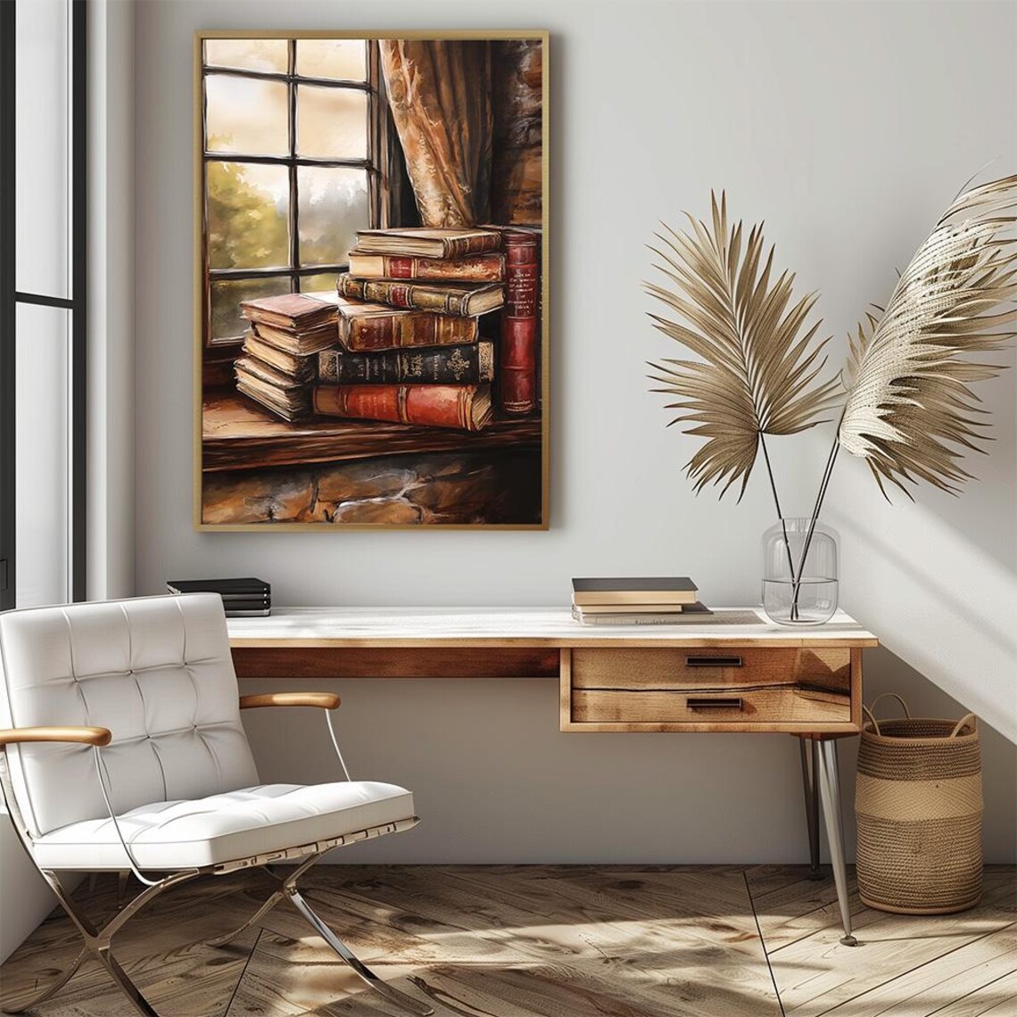 Vintage Books Stacked On Cozy Cottage Window Sill Warm Art Print - Image 2