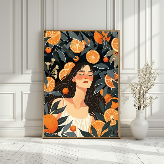 Woman With Orange Slices Botanical Kitchen Illustration Art Print