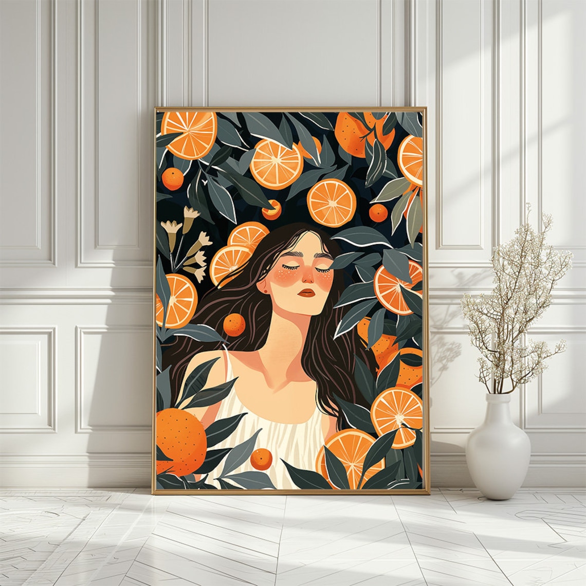 Woman With Orange Slices Botanical Kitchen Illustration Art Print