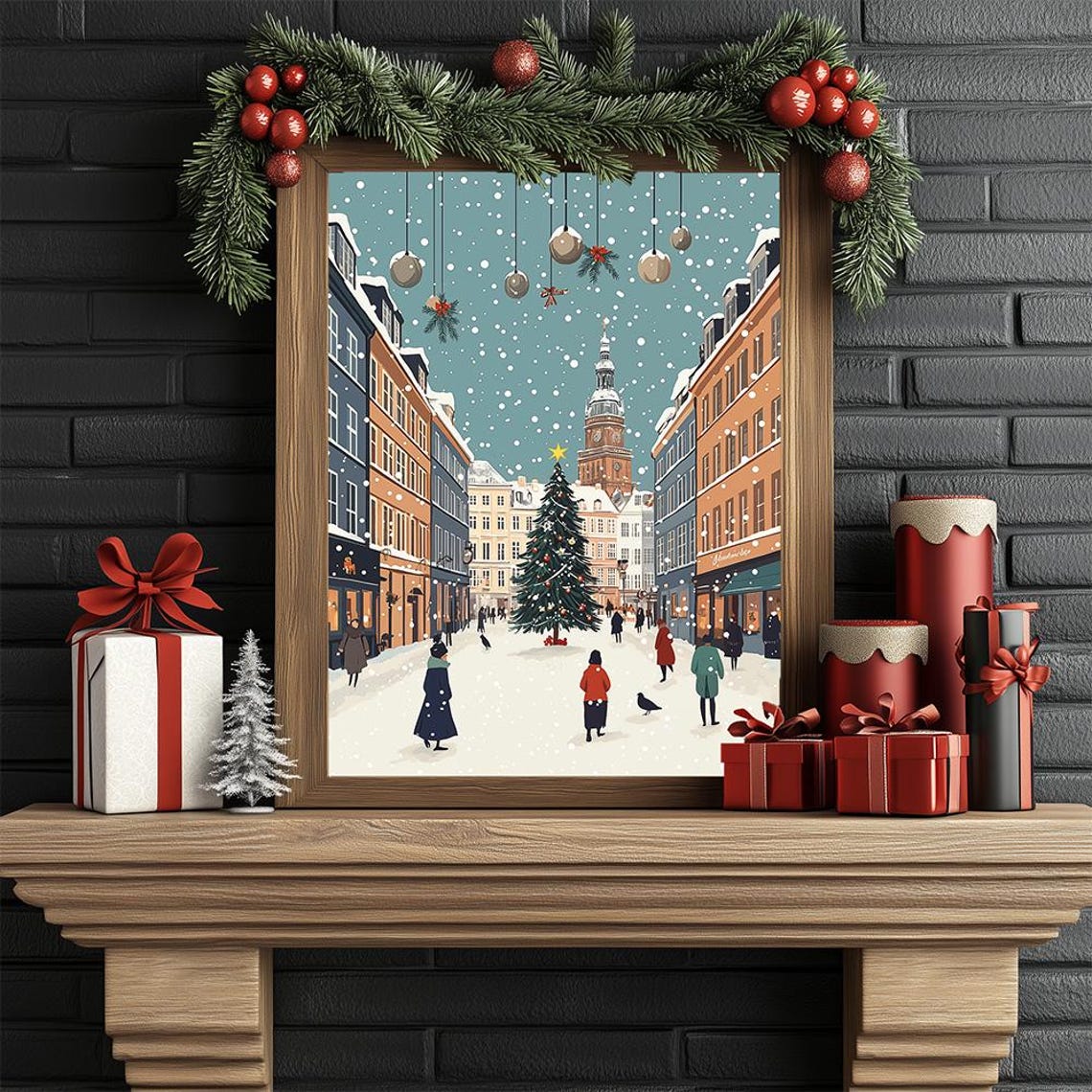 Snowy Holiday Cityscape Poster Festive Urban Christmas Illustration Modern Christmas Card European Christmas Street Art - Image 3