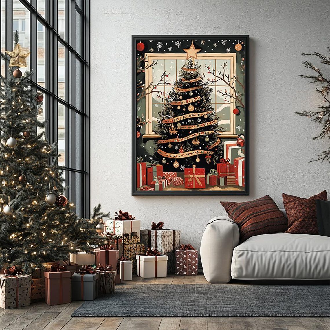 Folk Art Christmas Tree Poster With Ribbons and Gifts Under Lights - Image 3
