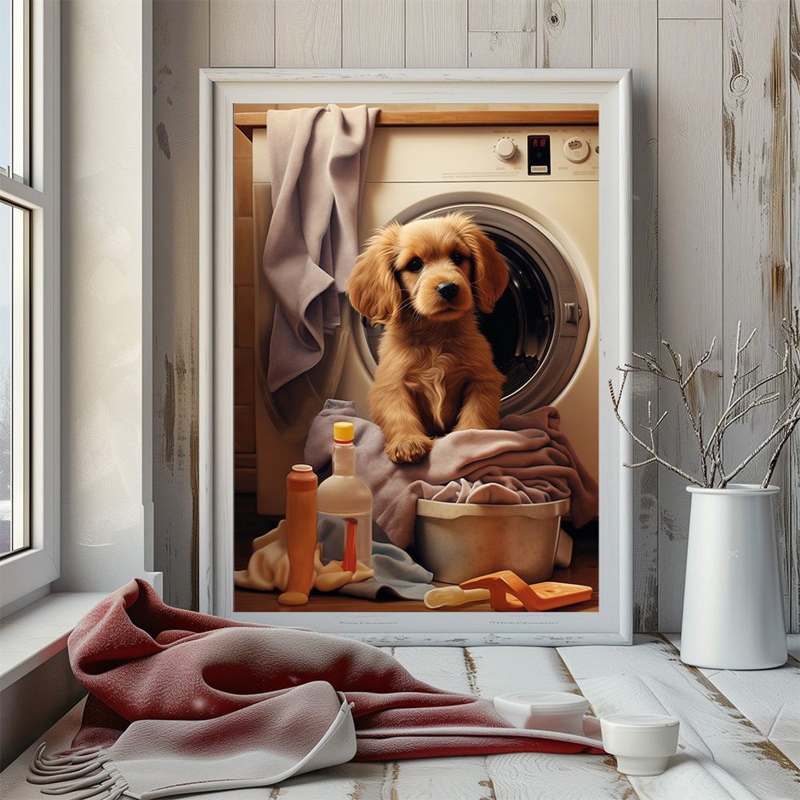 Golden Retriever Puppy By The Washing Machine Laundry Room Poster