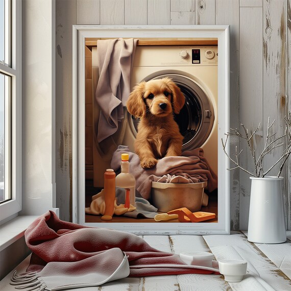 Cute Dog With Washing Machine Laundry Print Puppy On Laundry Wall Print Elegant Bathroom Decor Animal Lover Wall Poster
