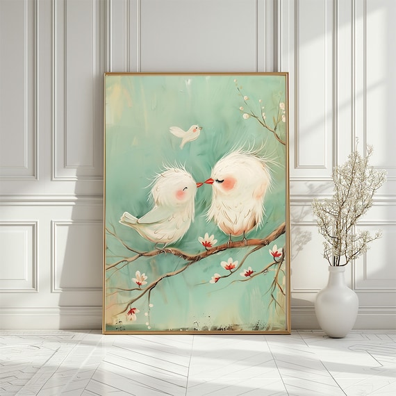 Mother And Baby Bird Kissing On Blossoming Branch Nursery Print