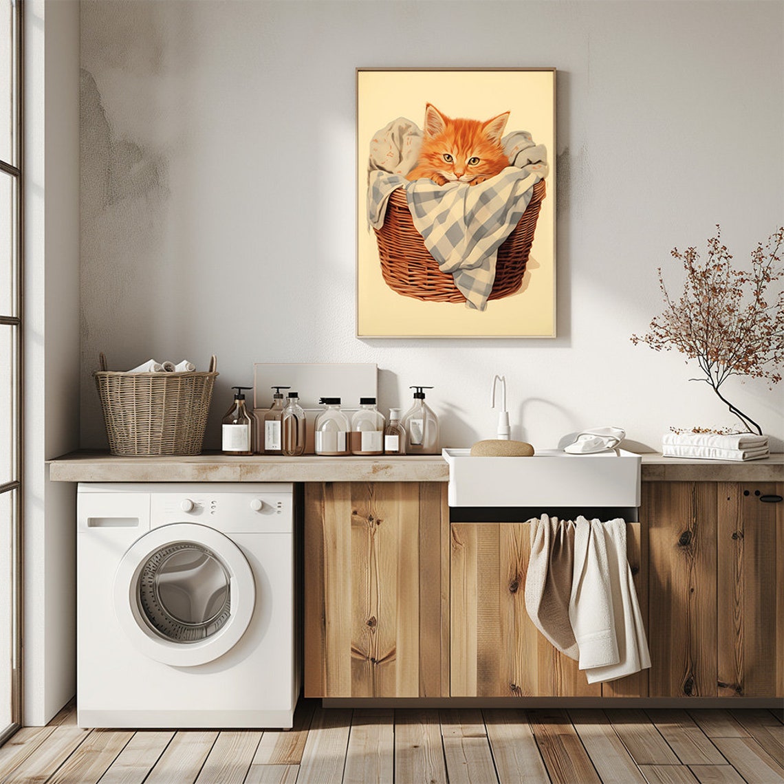 Cute Ginger Kitten in Wicker Laundry Basket Adorable Animal Poster - Image 2
