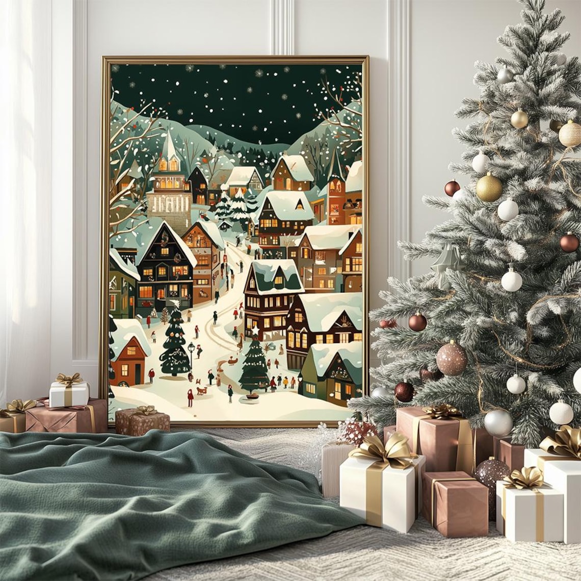 Snowy Christmas Village at Night Festive Holiday Town Poster - Image 3