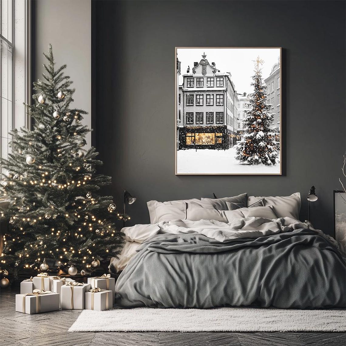 Snowy Scandinavian Christmas Town Square Poster With Lit Tree - Image 3