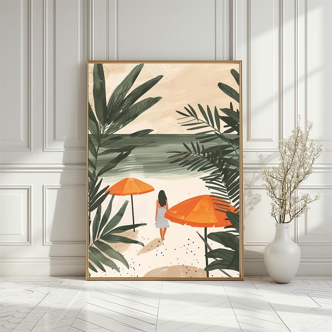 Tropical Beach Umbrellas Poster With a Girl Strolling a Quiet Shore
