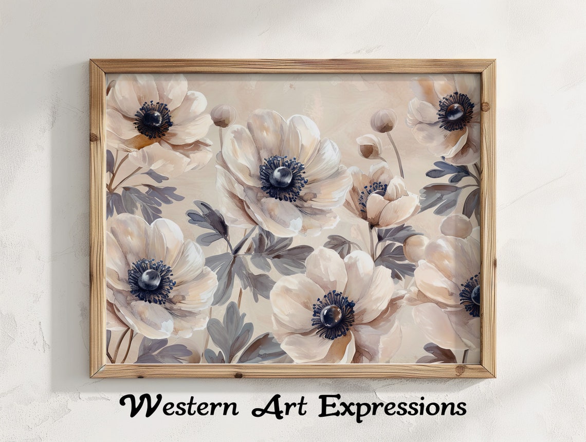 Neutral White Anemone Flowers Watercolor Elegant Floral Wall Art