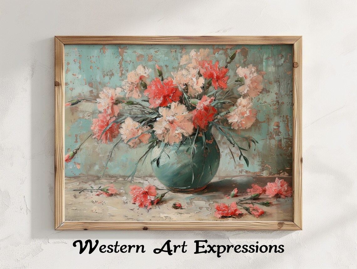 Vintage Carnations In Teal Vase Textured Oil Painting Floral Poster