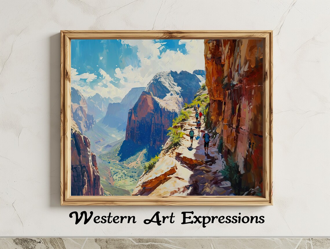 Zion Canyon Cliff Trail Hikers Red Rock Oil Painting Art Poster