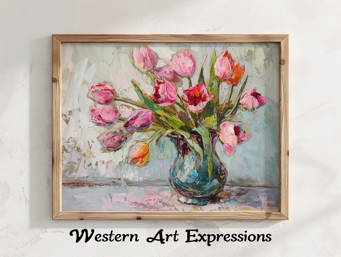 Pink Tulips in Glass Vase Impasto Oil Painting Floral Poster