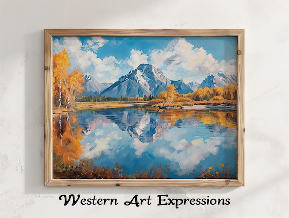 Grand Teton Mountain Reflection Calm Autumn Aspen Oil Poster