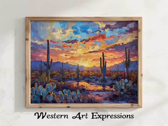 Desert Sunset Saguaro Cactus Blue Orange Sky Oil Painting Poster