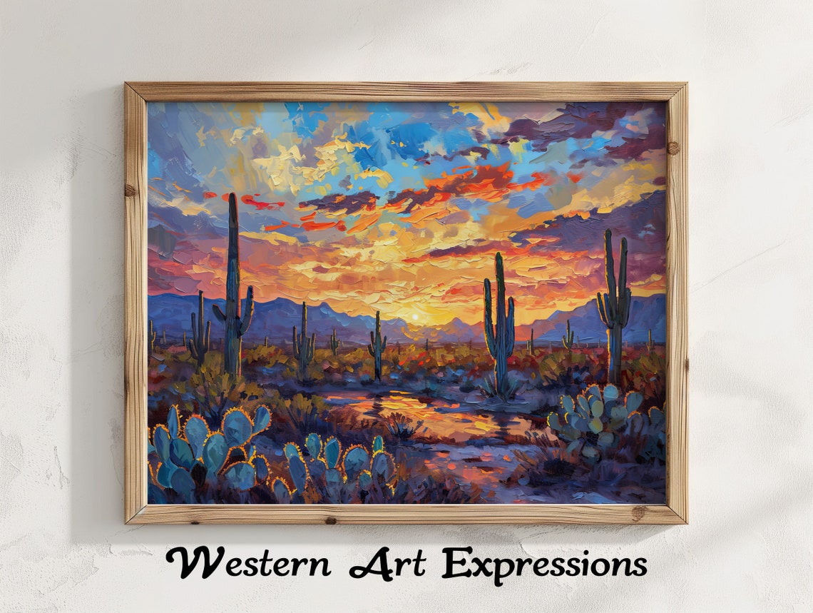 Desert Sunset Saguaro Cactus Blue Orange Sky Oil Painting Poster