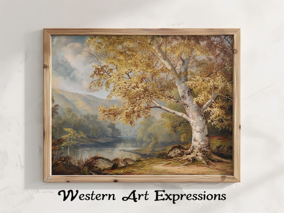 Golden Paper Birch Tree by the River Autumn Landscape Wall Art
