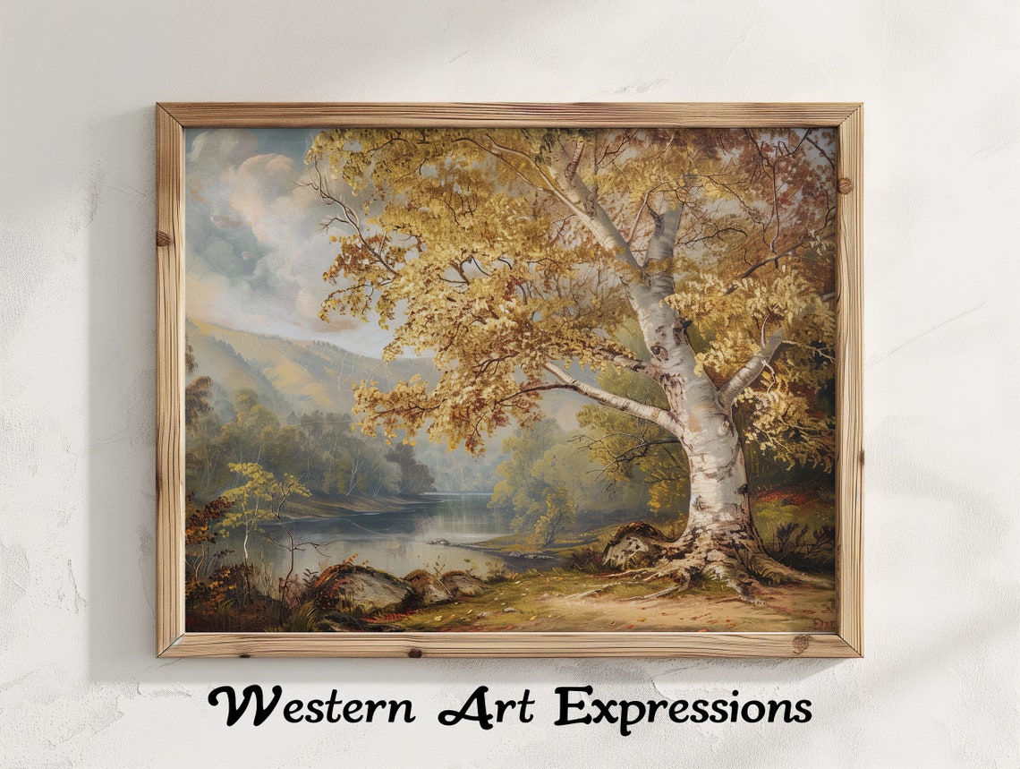 Golden Paper Birch Tree by the River Autumn Landscape Wall Art