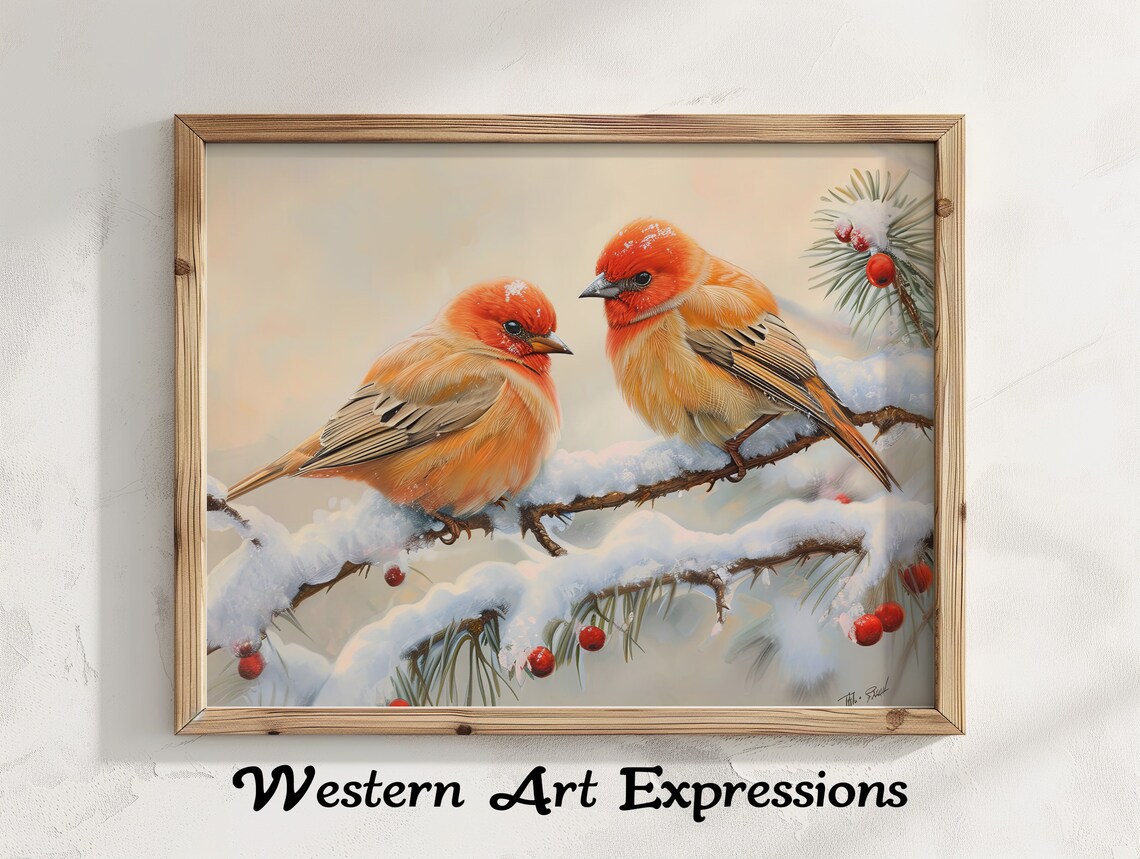 Two Fiery Scarlet Tanagers On Snowy Branch With Red Berries Print