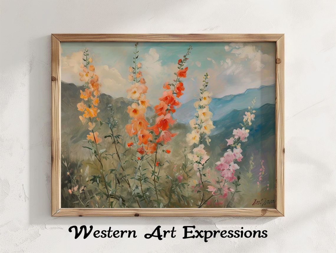 Orange and Pink Snapdragon Wildflowers Before Blue Mountains Poster