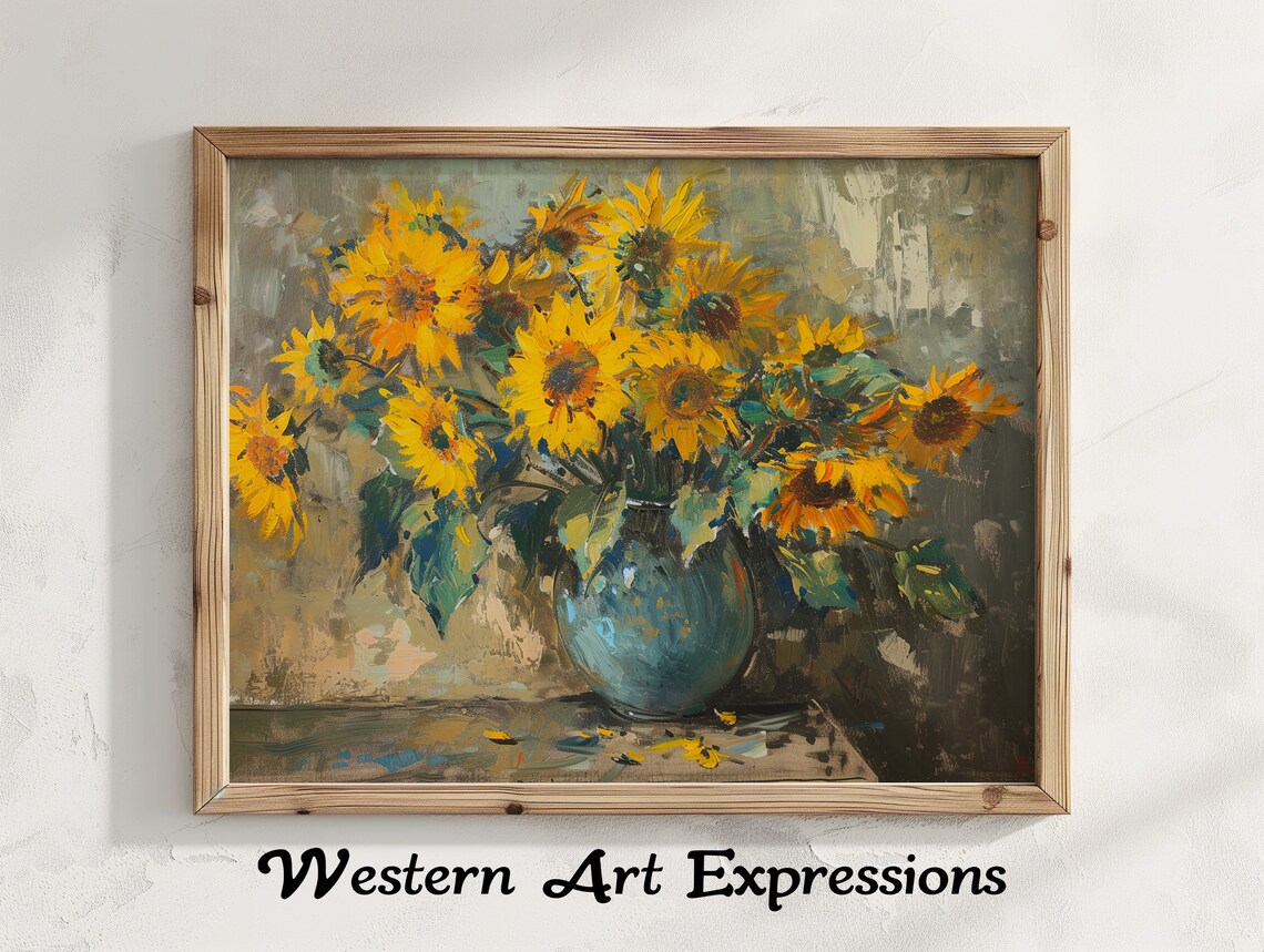 Sunflowers in a Blue Vase Vintage Oil Painting Floral Poster