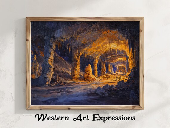 Amber Lit Cave Tunnel With Tiny Explorers Oil Painting Poster