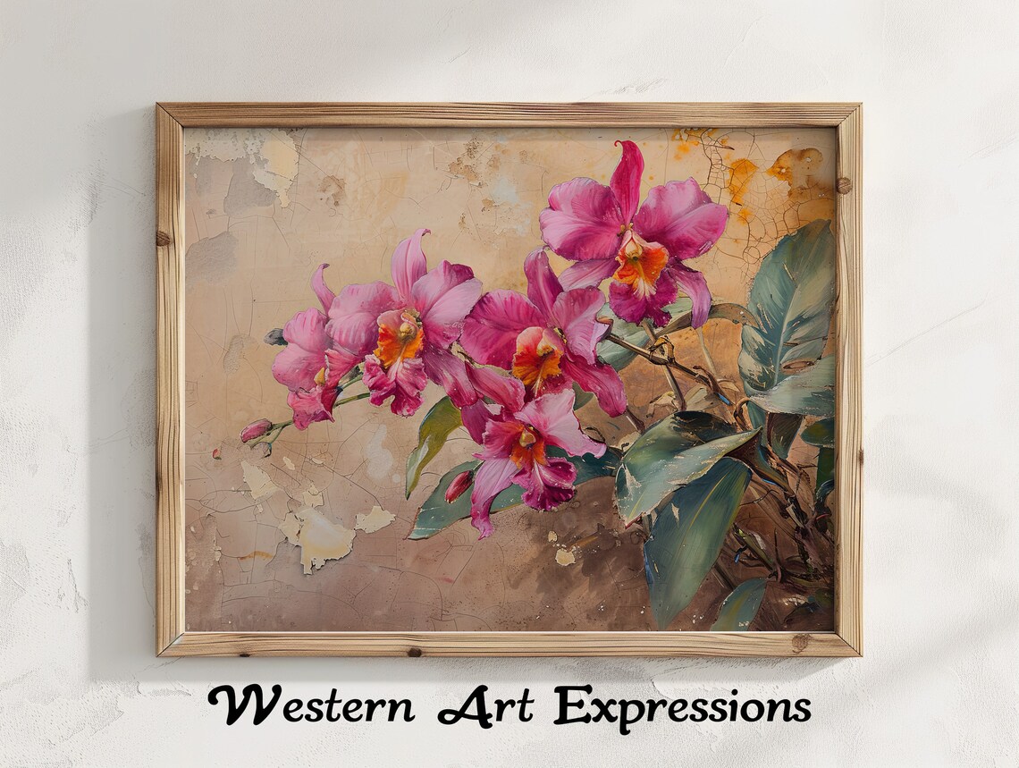 Pink Orchids in Bloom Vintage Botanical Flower Paint Art Poster