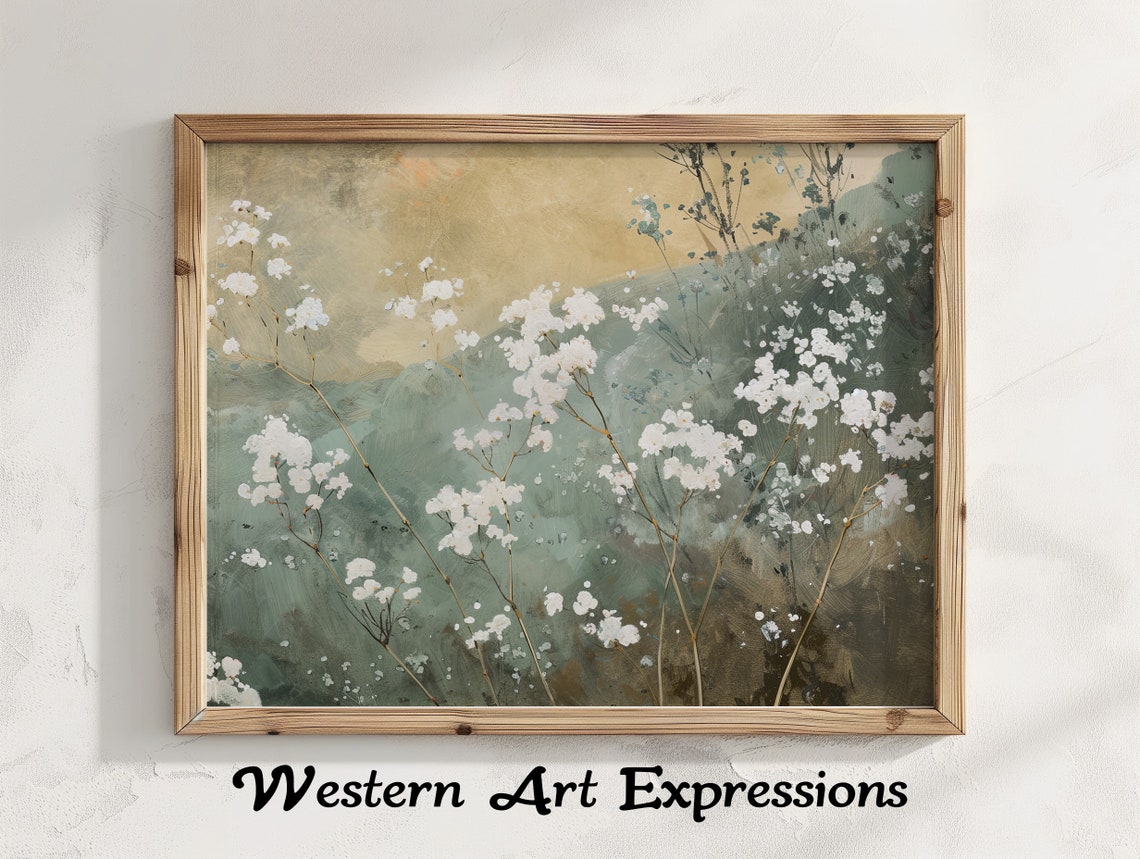 Babys Breath Vintage Art Print Floral Wall Rustic Botanical Natureinspired Home Decor Beige And Green Palette