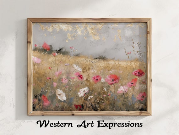Red Pink And White Flowers Abstract Floral Canvas Art Poppy Field Painting Textured Wall Decor Modern Impasto Artwork