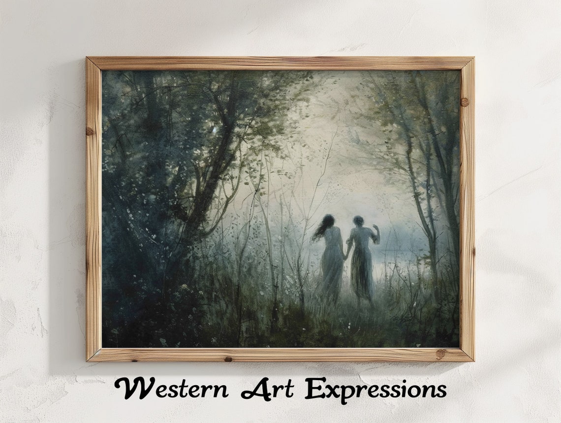 Misty Enchanted Forest Two Figures Dreamlike Woodland Poster