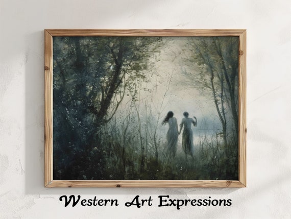 Secret Tryst Mystical Forest Canvas Art Enchanted Woods Wall Decor Whimsical Nature Print Fantasy Landscape With Figures