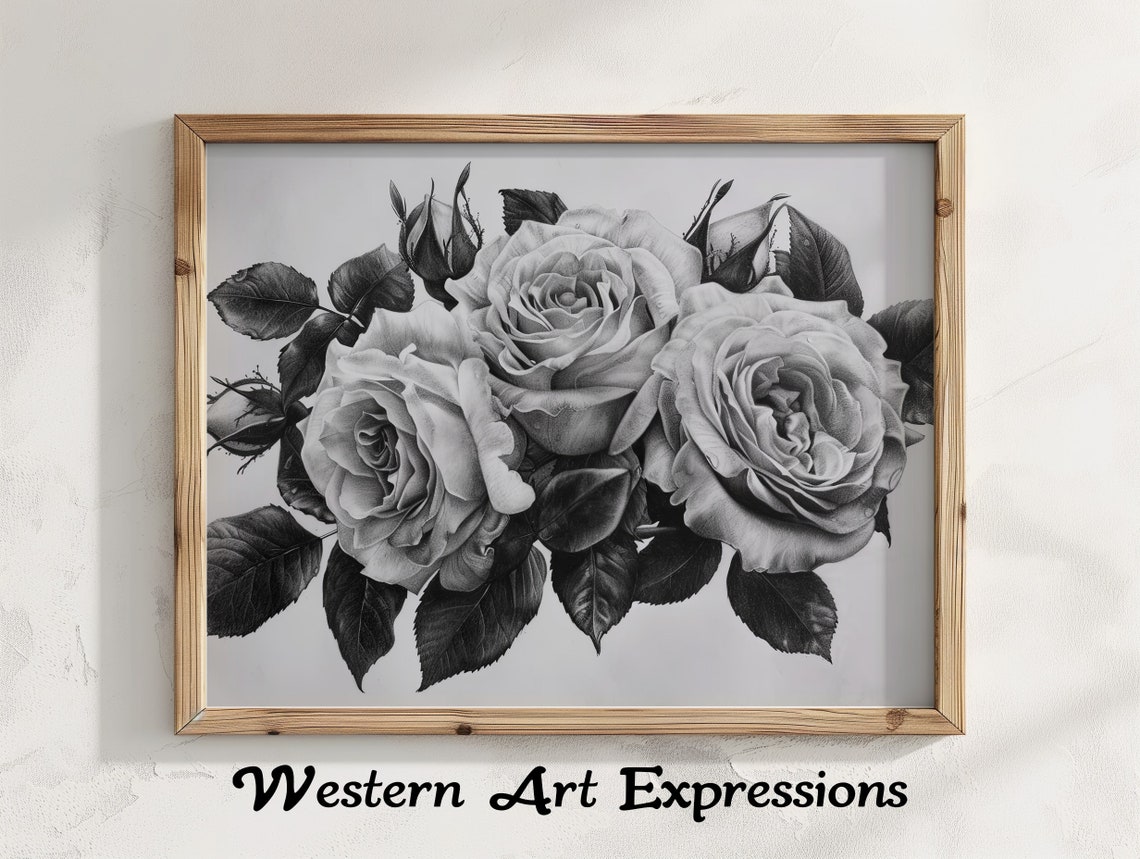 Trio Of Roses Ink Drawing Black And White Rose Artwork Large Wall Decor Floral Illustration Print Botanical Art