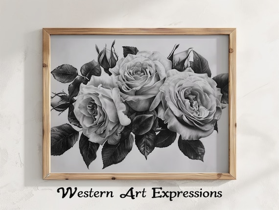 Trio Of Roses Ink Drawing Black And White Rose Artwork Large Wall Decor Floral Illustration Print Botanical Art