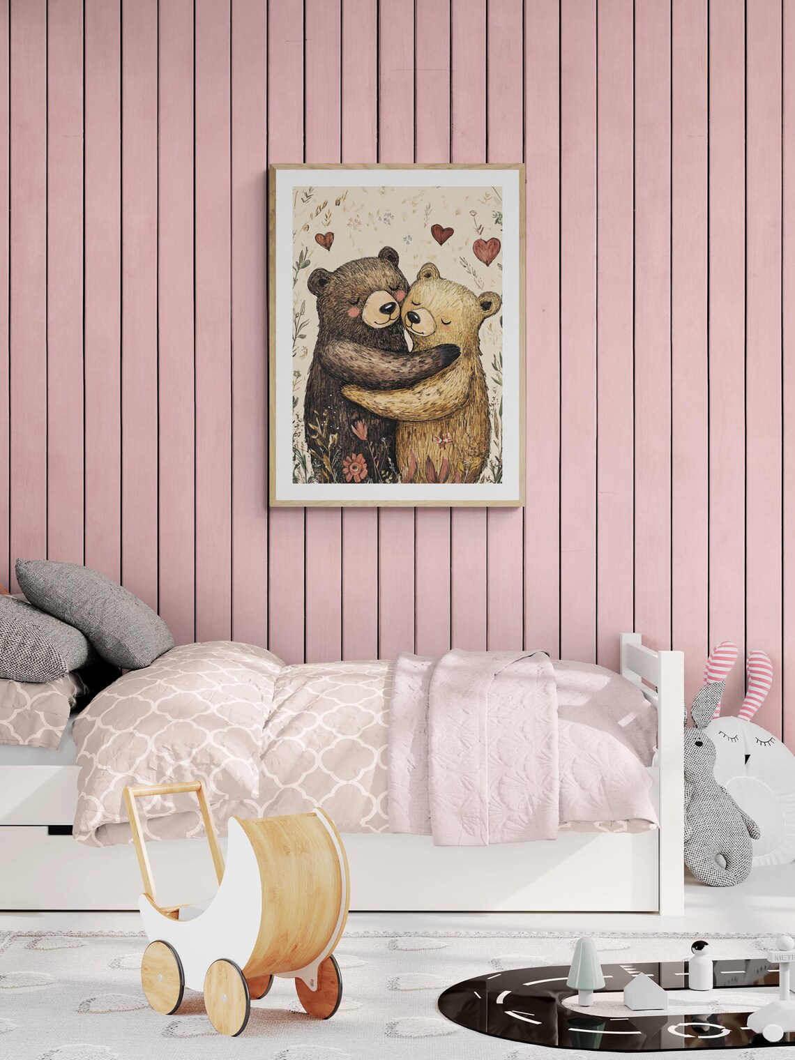Two Bears Hugging Hearts Woodland Cute Nursery Animal Wall Decor Art Print - Image 3