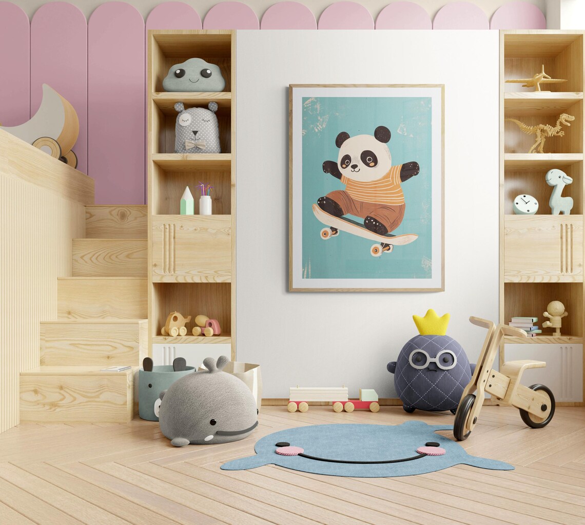 Skateboarding Panda Retro Teal Kids Room Playful Animal Wall Art Poster - Image 4