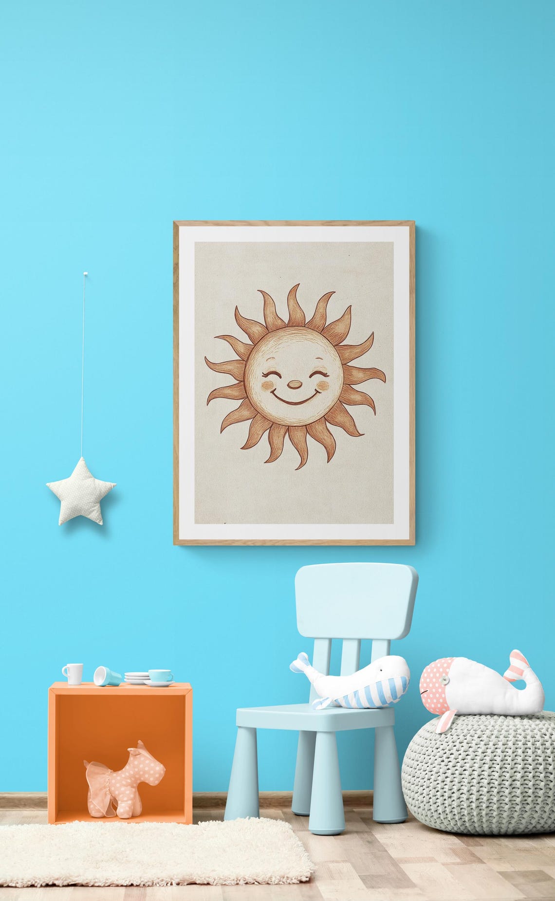 Smiling Sun Face Nursery Decor Hand Drawn Warm Beige Wall Art Poster - Image 4