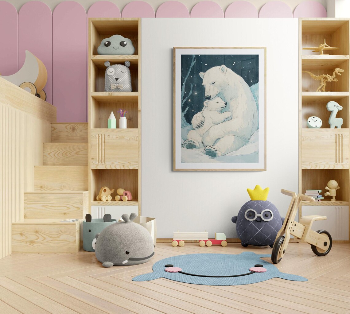 Polar Bear Mother Baby Hugging Starry Winter Night Nursery Wall Art Print - Image 4