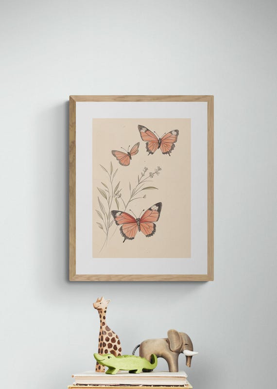 Lovely Butterflies Art Print Hand Drawn Pastel Illustration Soft And Warm Nursery Decor Cute Animal Wall Art Download
