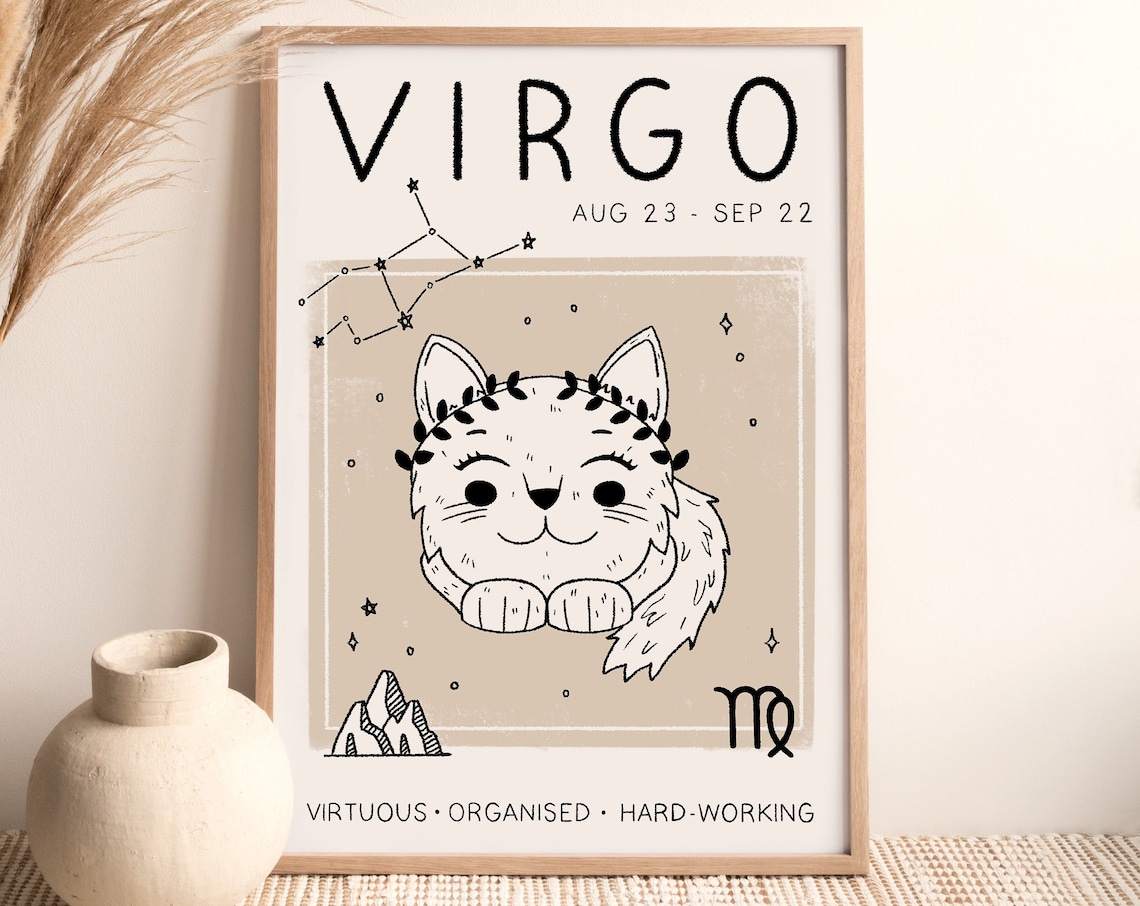 Virgo Cat Zodiac Star Sign Art Print, Boho
