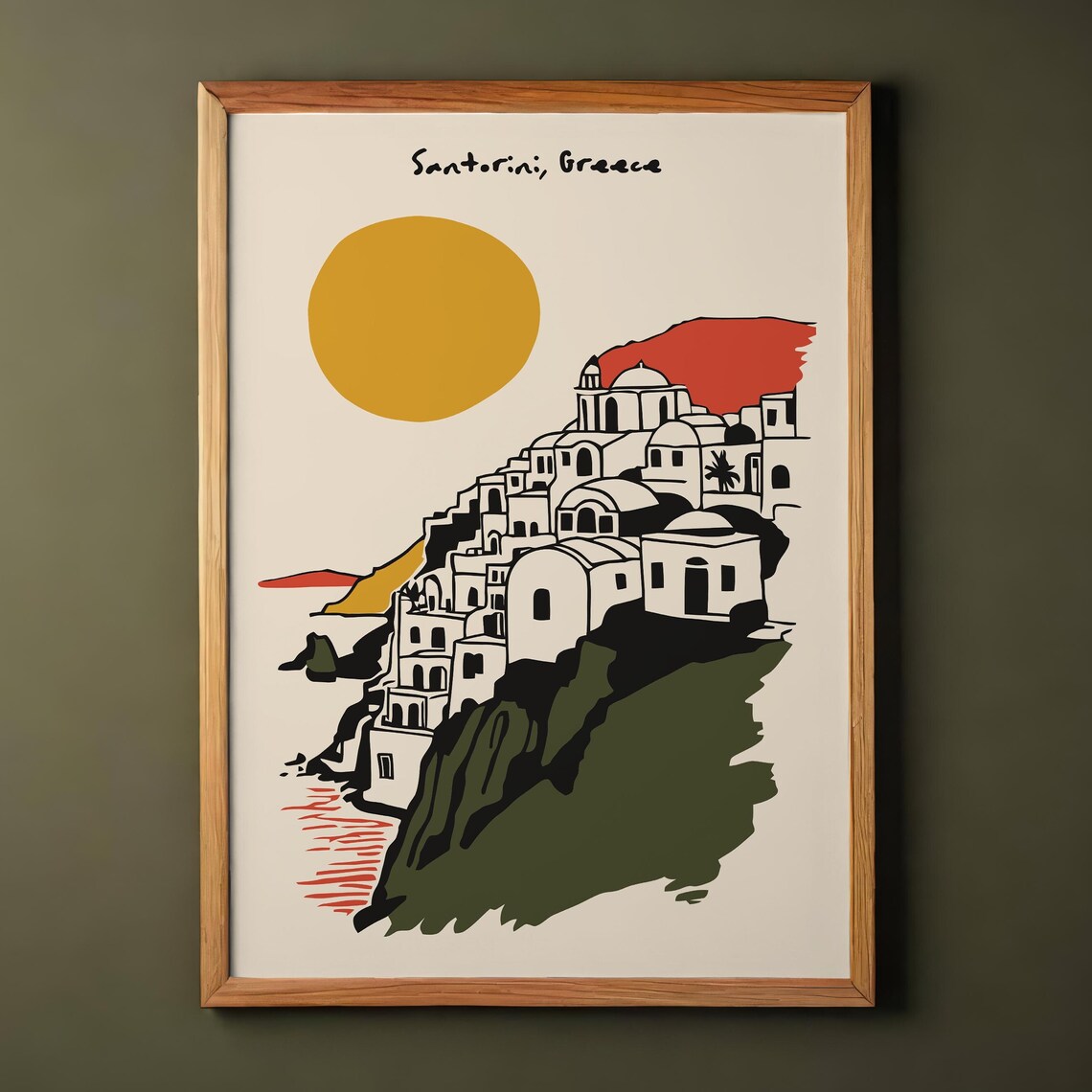 Santorini Greece Sunset Cliff Village Illustration Travel Poster