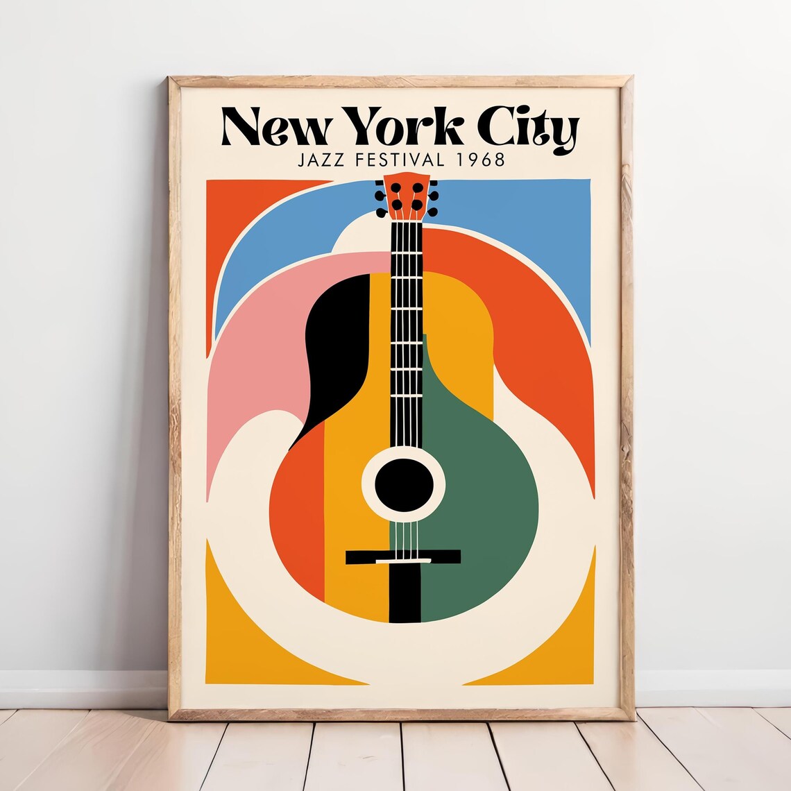 Retro Groovy 1968 New York City Jazz Festival Striped Guitar Poster
