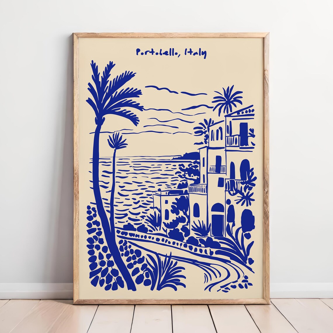 Portobello Italy Coastal Town Blue Ink Illustration Travel Poster