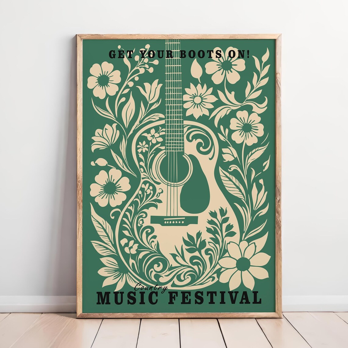 Country Music Festival Guitar Floral Green Beige Western Decor Poster