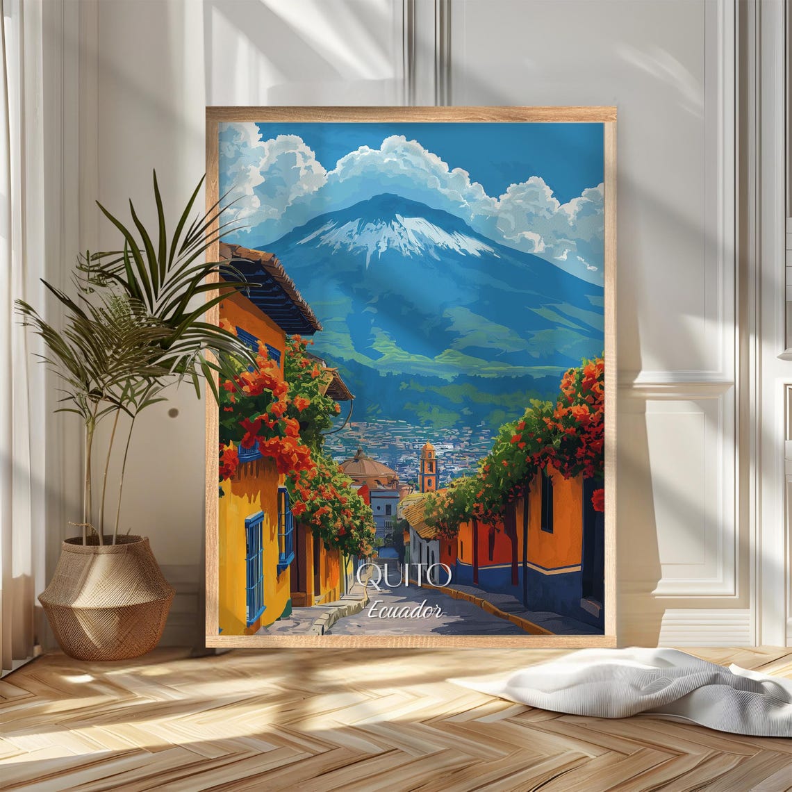 Quito Ecuador Colorful Street Snow Capped Volcano Travel Poster