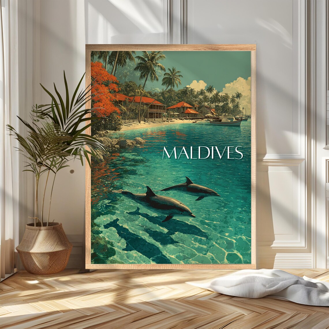 Maldives Dolphins Turquoise Lagoon Beach Island Travel Poster