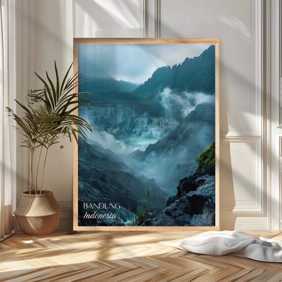 Bandung Indonesia Volcanic Crater Lake Misty Mountain Travel Poster