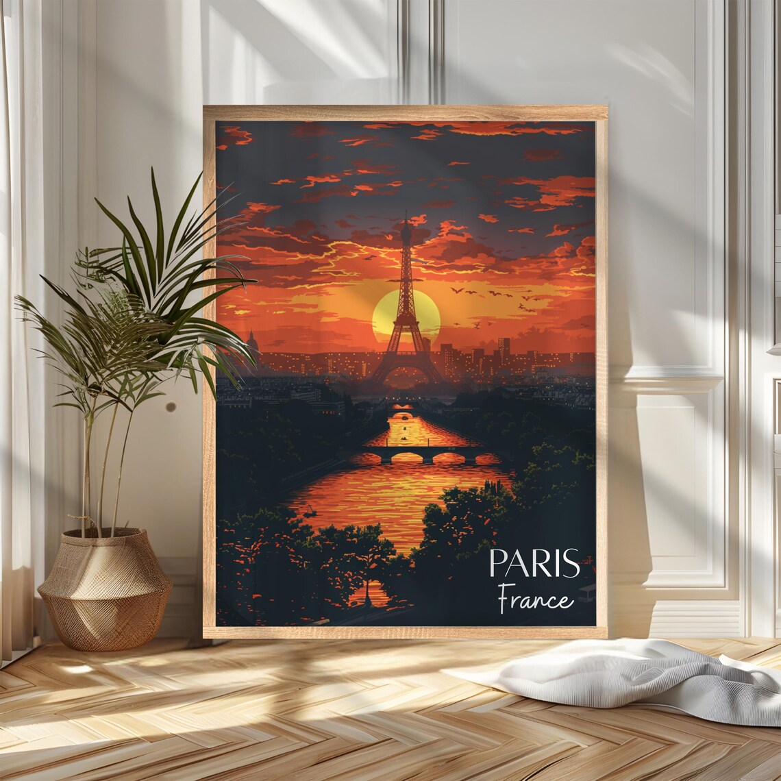Paris Eiffel Tower Sunset Seine River Retro France Travel Poster