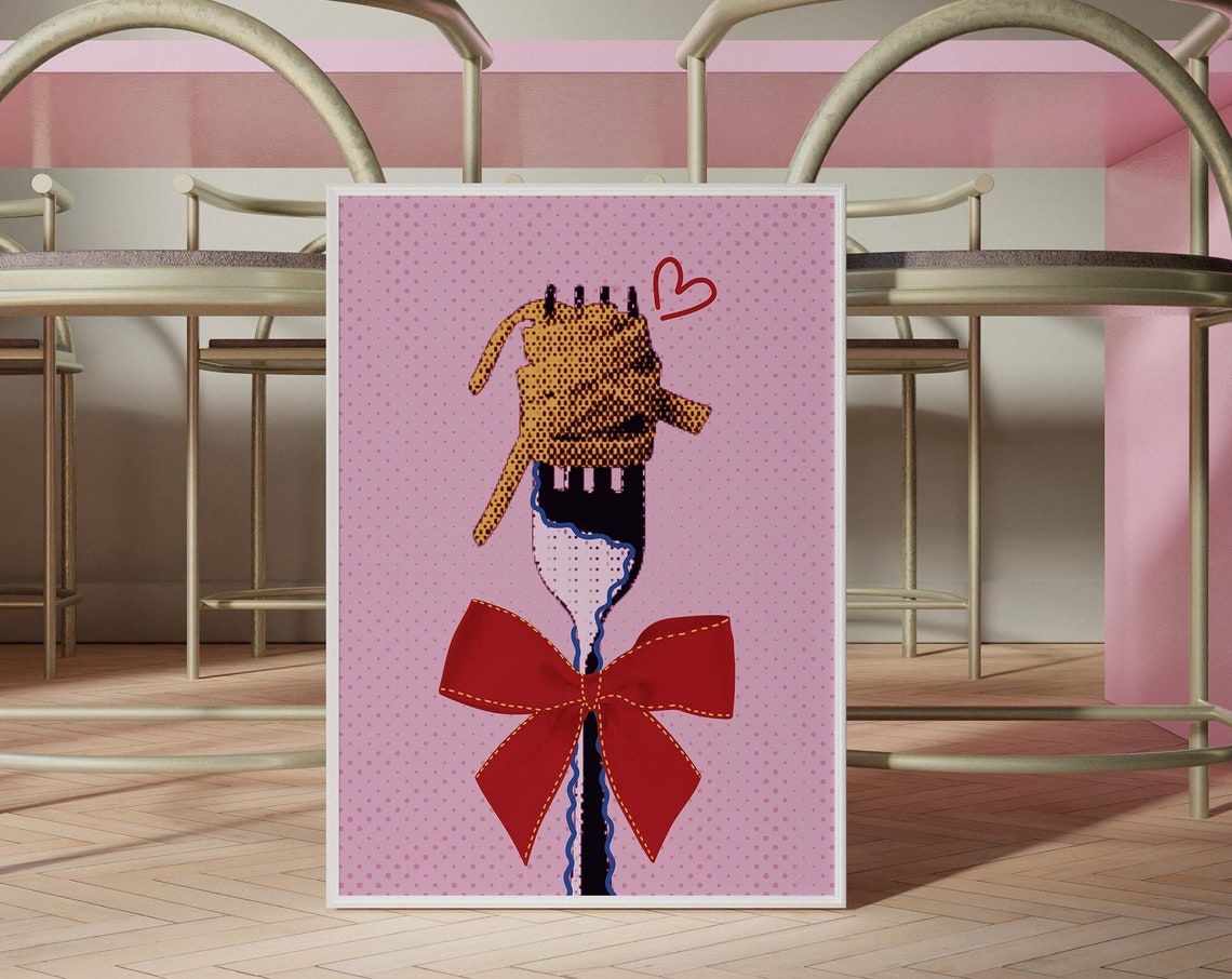 Spaghetti Fork Red Bow Pink Halftone Coquette Kitchen Art Poster
